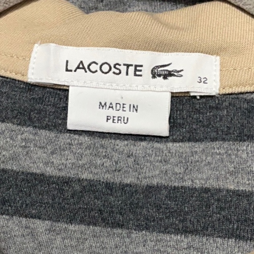 LACOSTE Stripe Rugby Polo Shirt XS FR 32 18” p2p Gray/Tan EUC - Picture 3 of 13